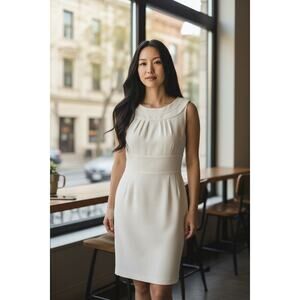 Trina Turk dress small sleeveless sheath pleated knee length ivory